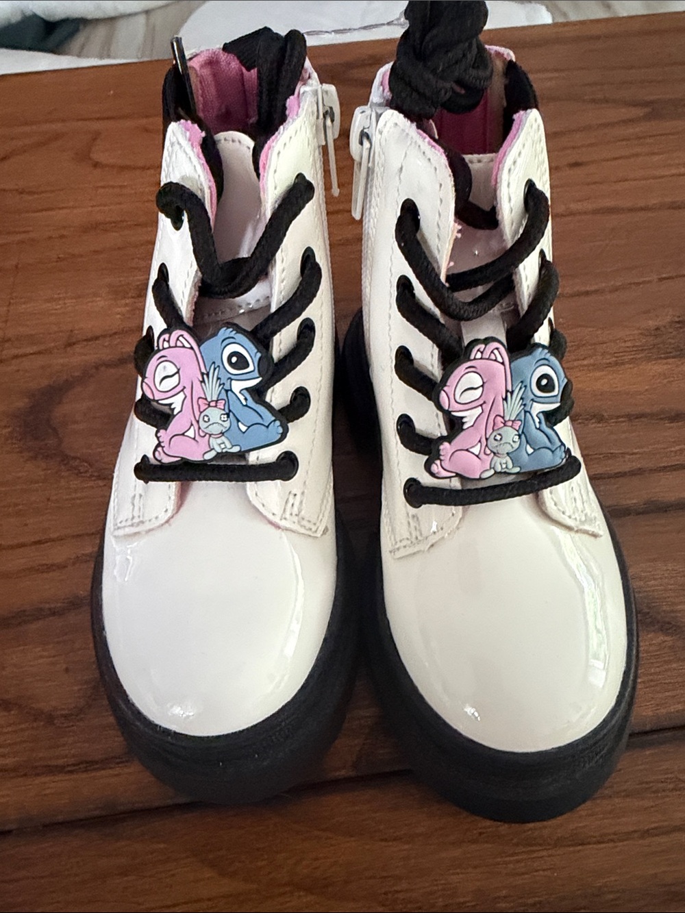 Kids White Patent Lace-Up Boots with Pink & Blue Character Accent